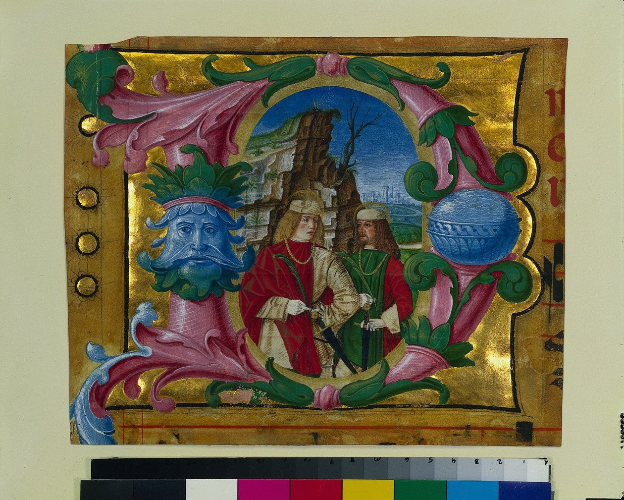 Historioitu alkukirjain D Poistettu kuorokirjasta: Two Martyr Saints, n. 1500-1510. tekijältä Girolamo dai Libri