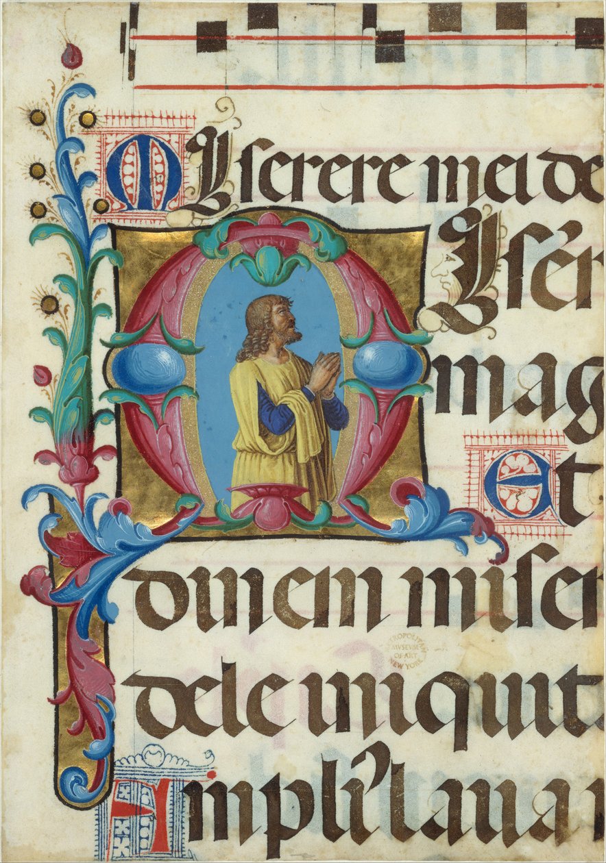 Käsikirjoituksen valaistus Daavidin kanssa rukouksessa M:n alussa, psalterista, 1501-2. tekijältä Girolamo dai Libri
