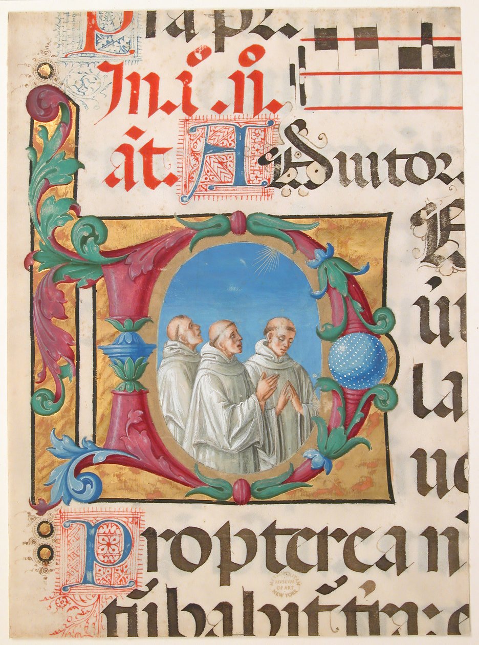 Käsikirjoituksen valaistus laulavien munkkien kanssa alkukirjaimessa D, psalterista, 1501-2. tekijältä Girolamo dai Libri