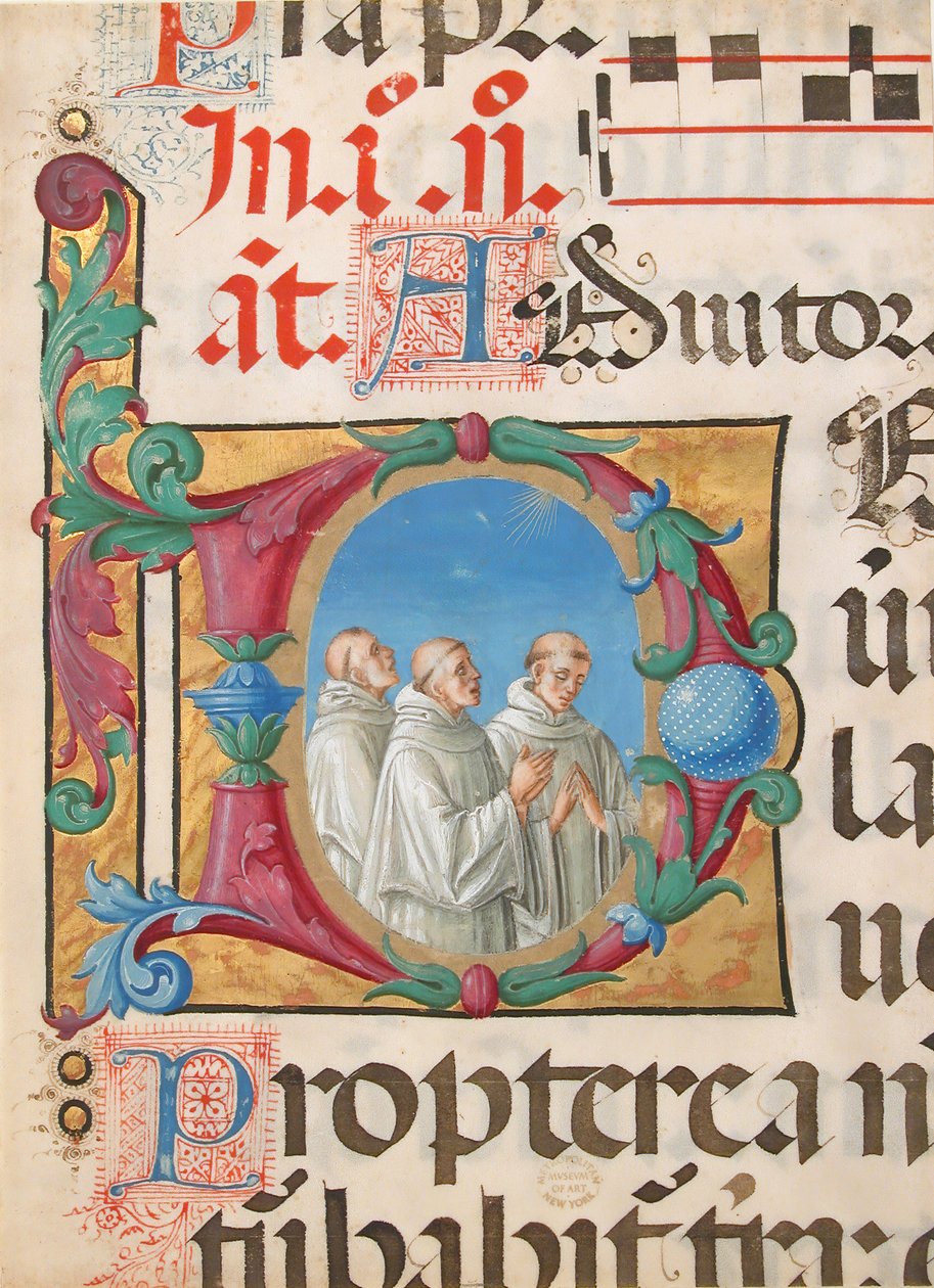 Käsikirjoituksen valaistus laulavien munkkien kanssa kirjaimella D, Psalterista, italialainen, 1501-2. tekijältä Girolamo dai Libri