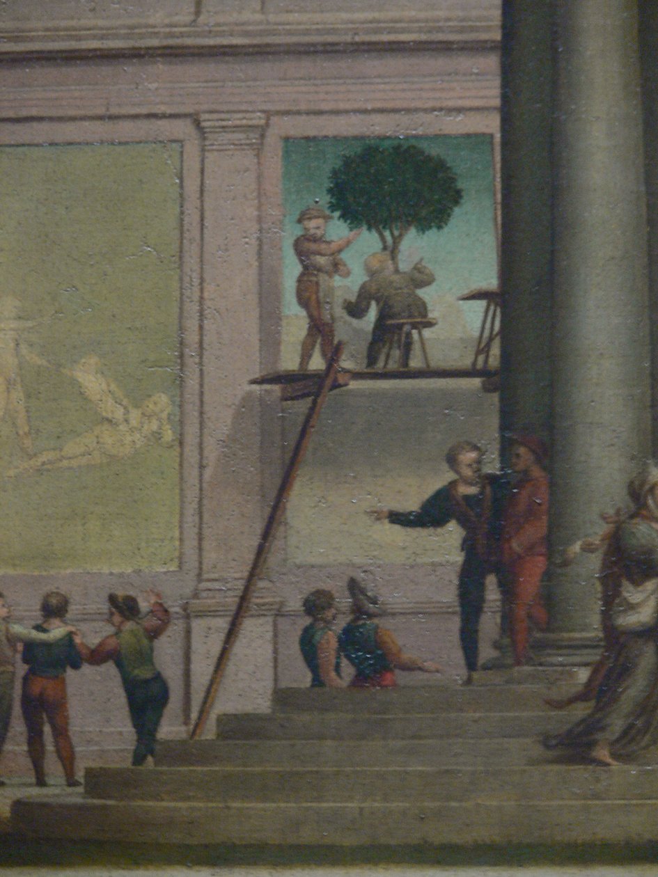 Der Raub der Dina (1. Moos. 34). Wienin taidehistoriallinen museo, Gemäldegalerie, Inv. Nro. 1554, Detail im Hintergrund (Wandmaler auf Gerüst) tekijältä Giuliano Bugiardini