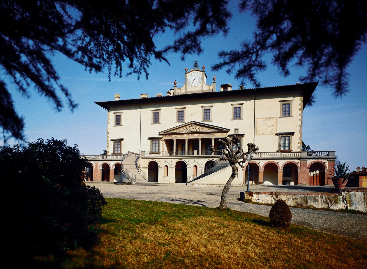 Villa Medicis (Medici Villa); Näkymä Villa Ambra a Poggio a Caianosta alkoi vuonna 1485 Giuliano da Sangallon hankkeesta. tekijältä Giuliano Giamberti da Sangallo