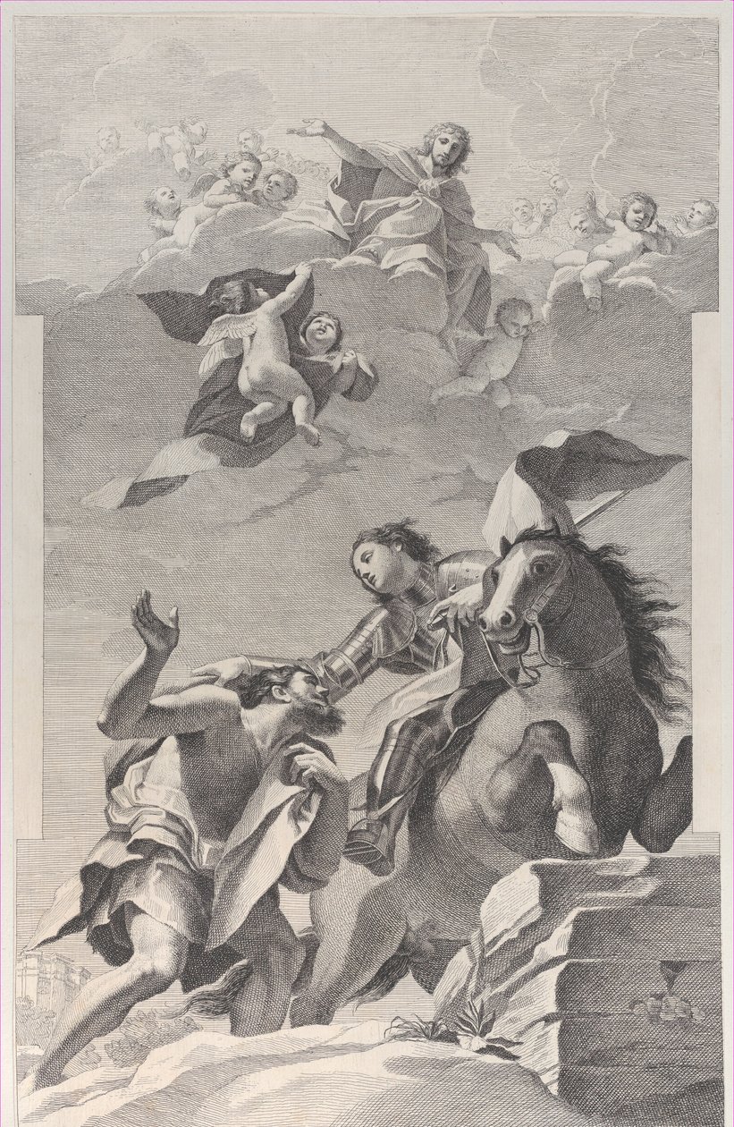 Pyhä Martin, hevosen selässä antamassa viittansa kerjäläiselle..., 1760-1800. tekijältä Giuliano Traballesi