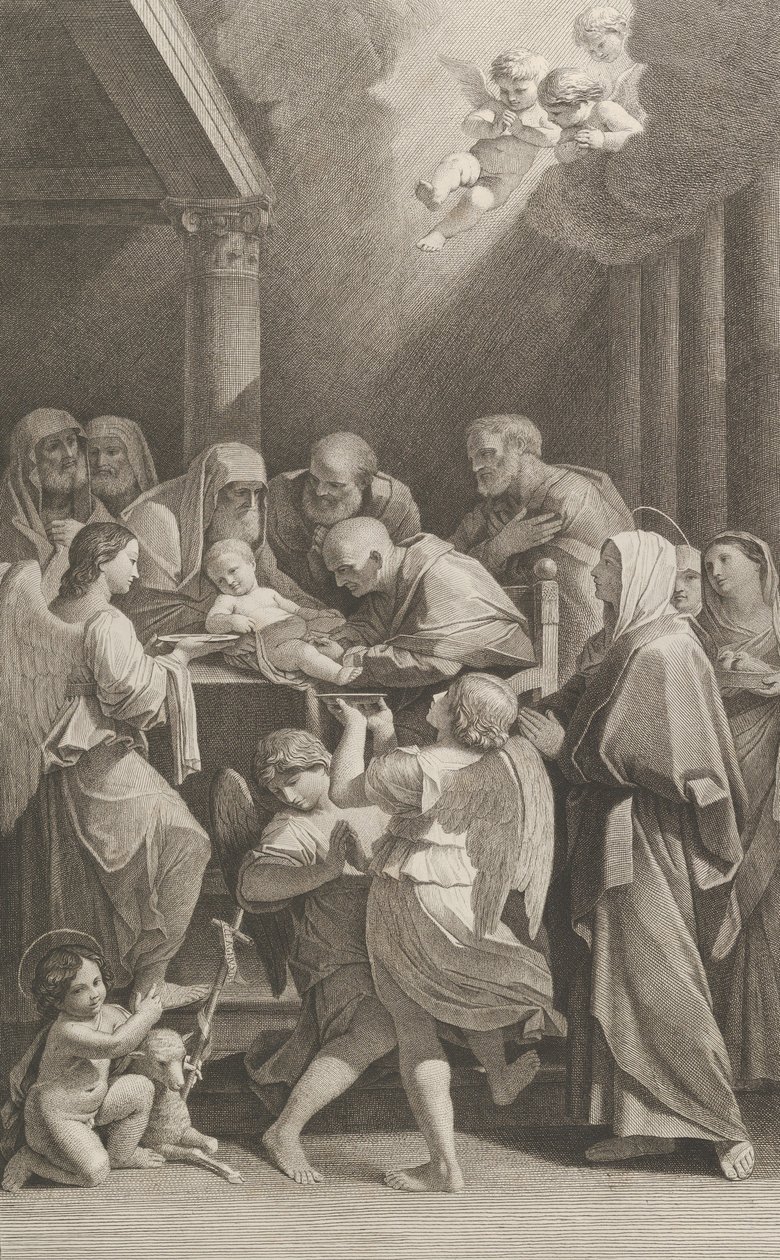 Kristuksen ympärileikkaus, häntä ympäröivä ryhmä miehiä, naisia ja enkeleitä,..., noin. 1760-1800. tekijältä Giuliano Traballesi