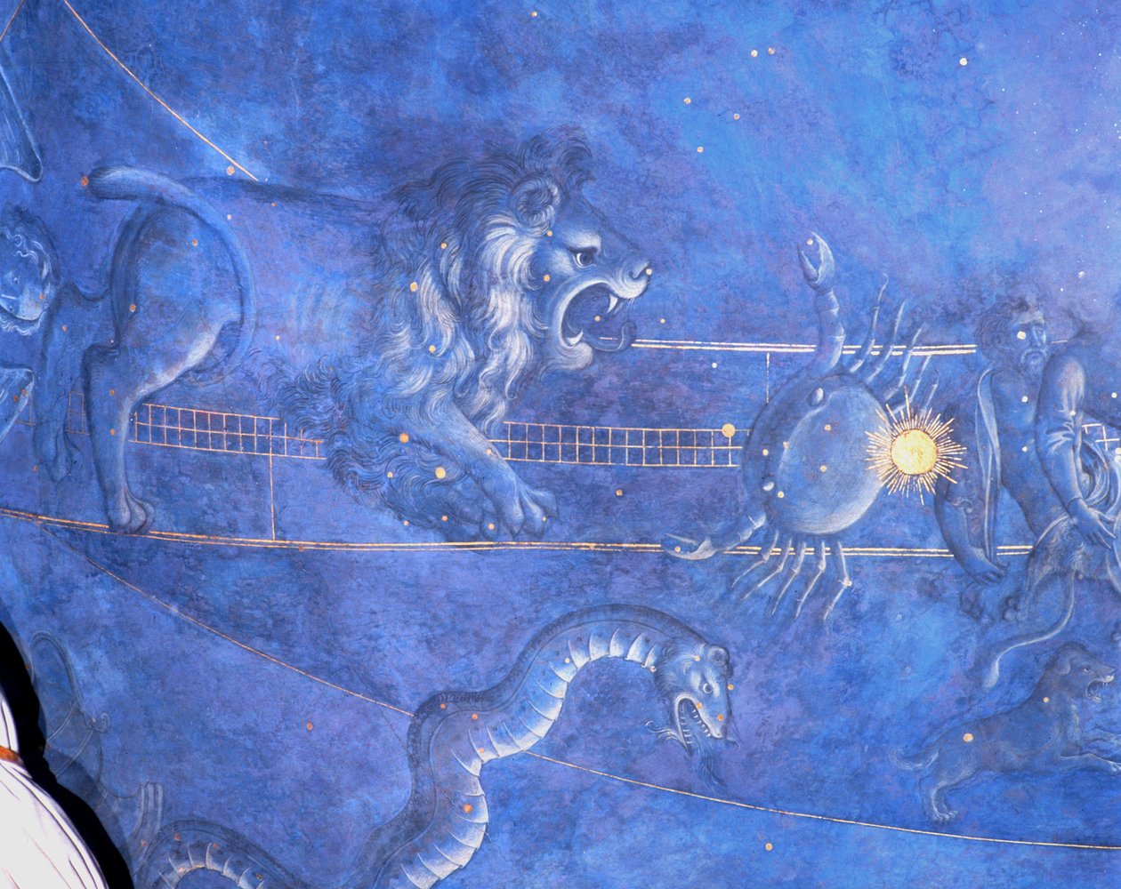 Auringon polku tähtien läpi yöllä 4. heinäkuuta 1442, yksityiskohta Leijonasta, Syövästä ja Hydrasta, alttarin yläpuolelta, n. 1430 (85088:n yksityiskohta) tekijältä Giuliano dArrighi Pesello
