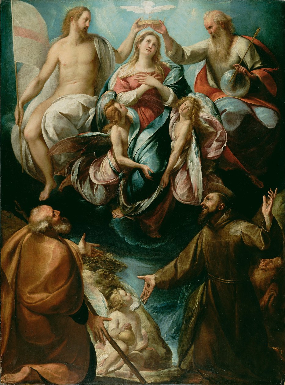 Neitsyt kruunaus pyhien Joosefin ja Assisilaisen Franciscuksen kanssa tekijältä Giulio Cesare Procaccini