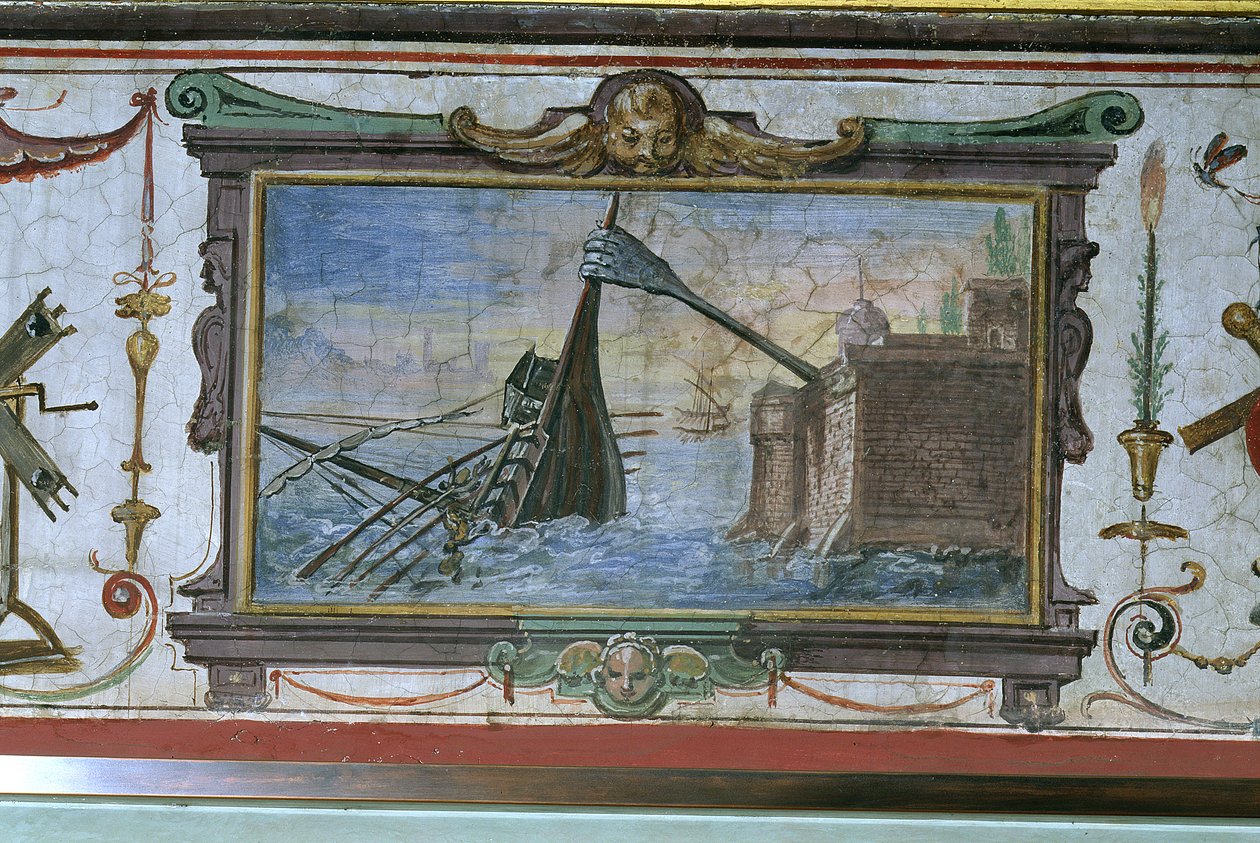 Laite, jonka avulla Arkhimedes (n. 287-12 eKr.) saattoi vetää laivan maihin, Stanza della Mattematica, 1587-1609 tekijältä Giulio Parigi