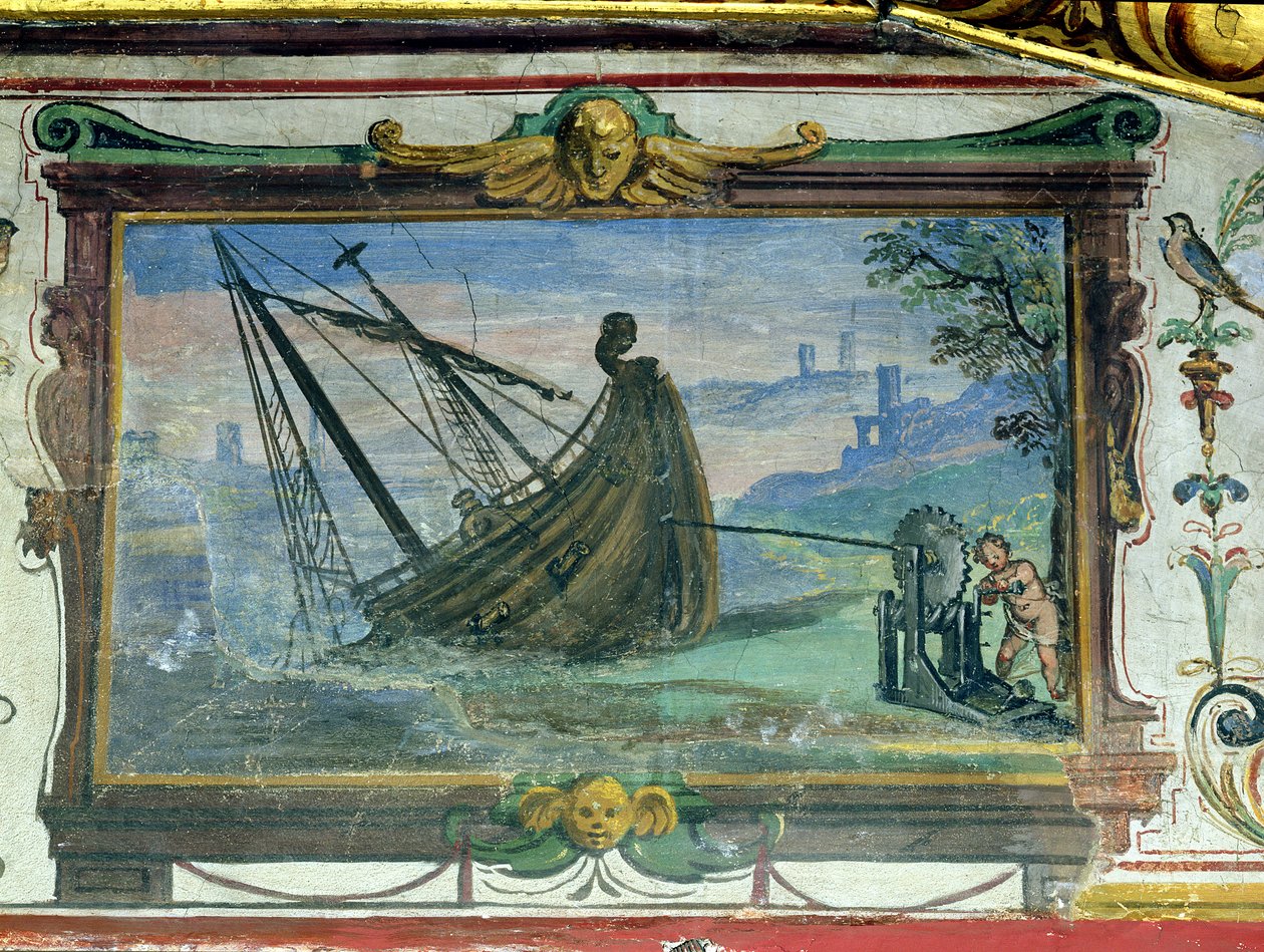 Päätön ruuvi, jonka ansiosta Arkhimedes (n. 287-12 eKr.) saattoi vetää laivan maihin, Stanza della Mattematica, 1587-1609 tekijältä Giulio Parigi