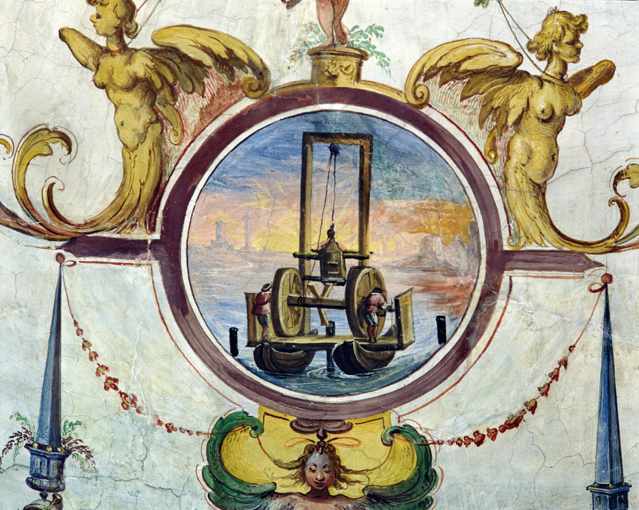 Suuri ponttoni, jossa on laite, jolla työnnät kiilat merenpohjaan, Stanza della Matematica, 1587-1609 tekijältä Giulio Parigi
