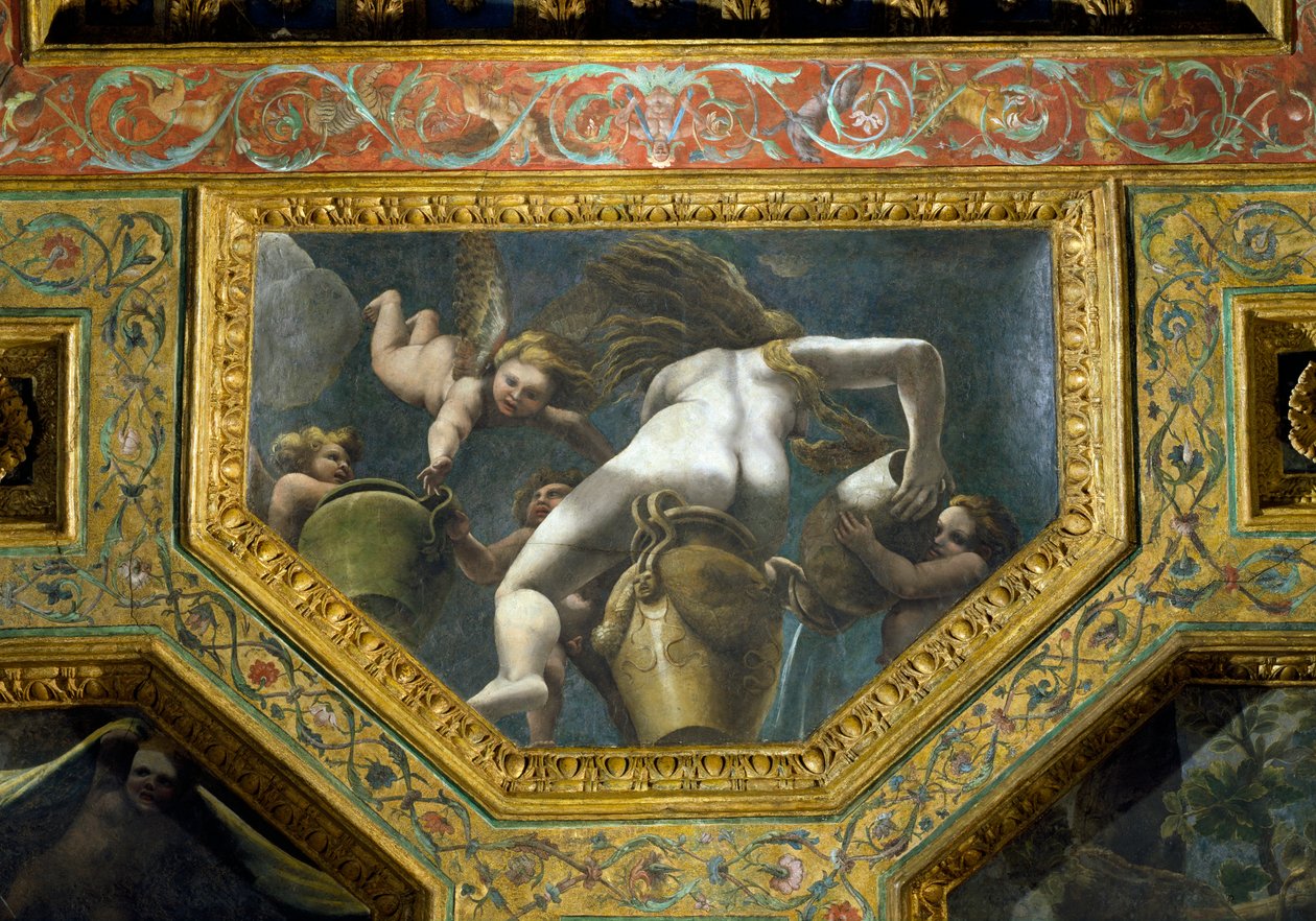 Nymfi, joka kaataa vettä uurnasta putin avulla, kattokeisoni Sala di Amore e Psichestä, 1528 (öljy stukkolle) tekijältä Giulio Romano