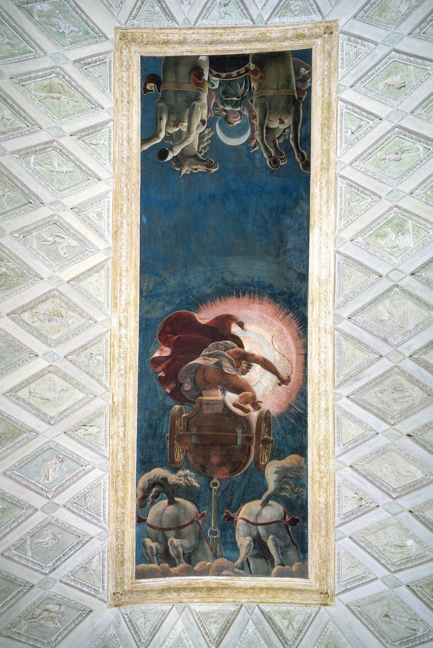Apollo ajaa auringon vaunua, kattokoriste Camera del Solessa, 1527 tekijältä Giulio Romano