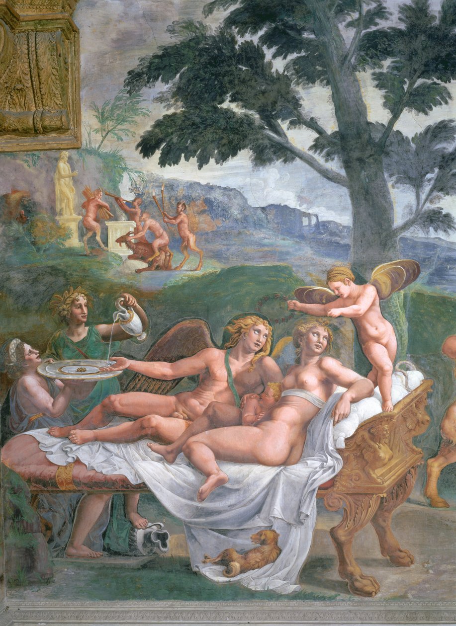 Cupido ja Psyche ja heidän tyttärensä Voluptuousness, jota Ceres palvelee ja joka kaataa vettä Junon pitelemään altaaseen, yksityiskohta jalosta juhlaillallisesta, Sala di Amore e Psiche, 1528, fresko yksityiskohta 7:stä taulusta tekijältä Giulio Romano