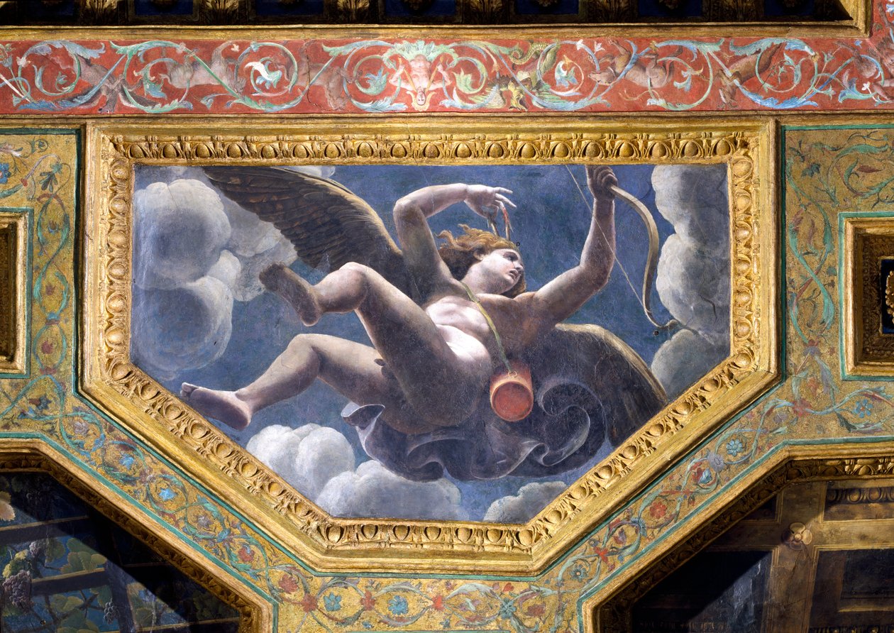 Cupid, kattokeisoni Sala di Amore e Psychestä, 1528 (öljy stukkolle) tekijältä Giulio Romano