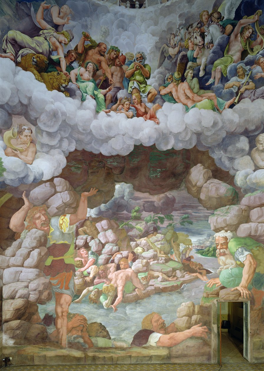 Yksityiskohta jättiläisten tuhoamisesta Jupiterin ukkosen salassa, Sala dei Giganti, 1536 (fresko) tekijältä Giulio Romano