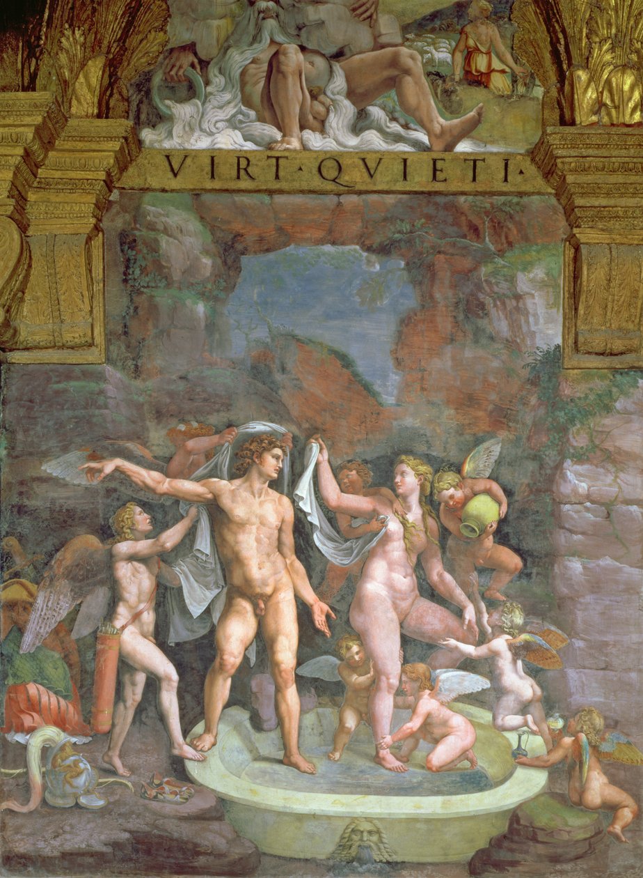 Marsin ja Venuksen kylpeminen Cupidon ja putin apuna Amorin ja Psychen salista, 1528 tekijältä Giulio Romano