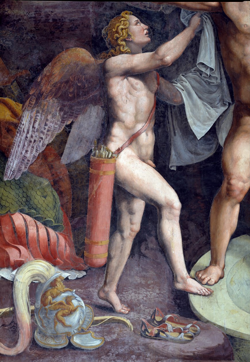 Mars ja Venus kylpevät, yksityiskohta Amorista Marsia avustamassa Sala di Amore e Psichestä, 1528 freskon yksityiskohta kohteesta 78435 tekijältä Giulio Romano