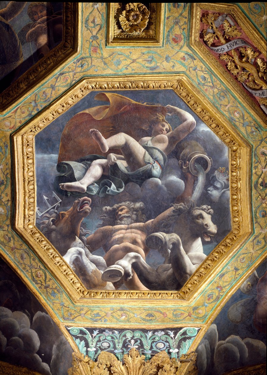 Neptunus ja vesinymfi, Sala di Amore e Psiche -salin kattokappeli, 1528 (öljy stukille). tekijältä Giulio Romano