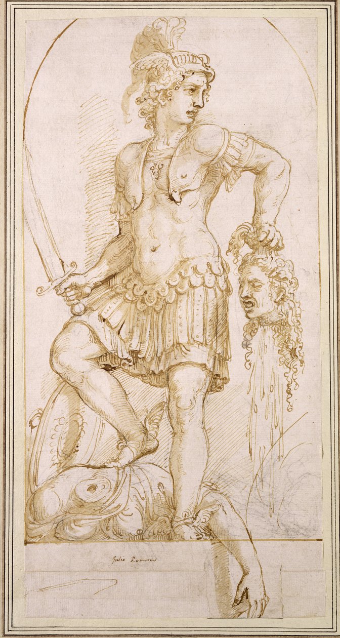 Perseus, n. 1540 (kynä ja ruskea lyijykynä mustalla liidulla valkoisella paperilla) tekijältä Giulio Romano