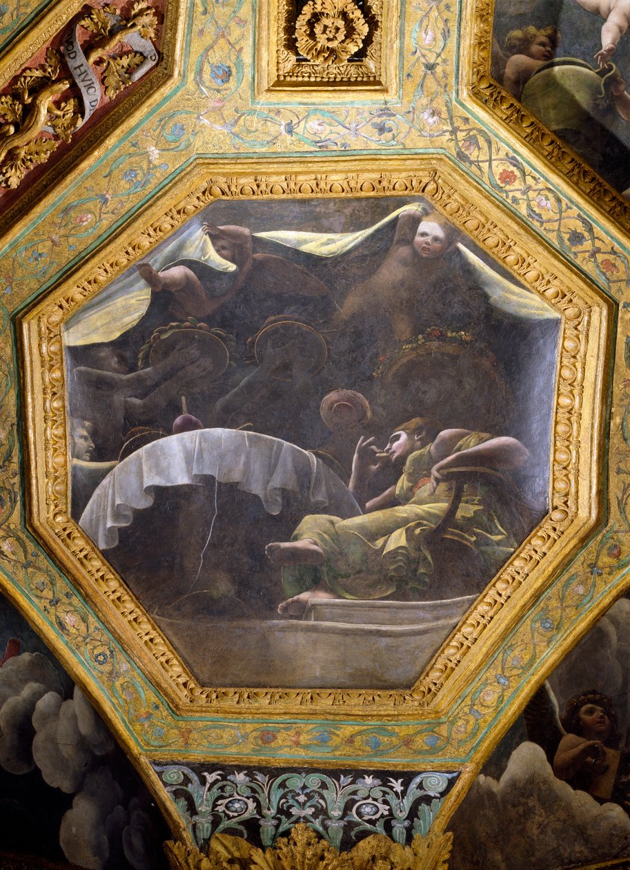 Psyke syö Cupidon talossa, kattokeisoni Sala di Amore e Psychestä, 1528 (öljy stukkolle) tekijältä Giulio Romano