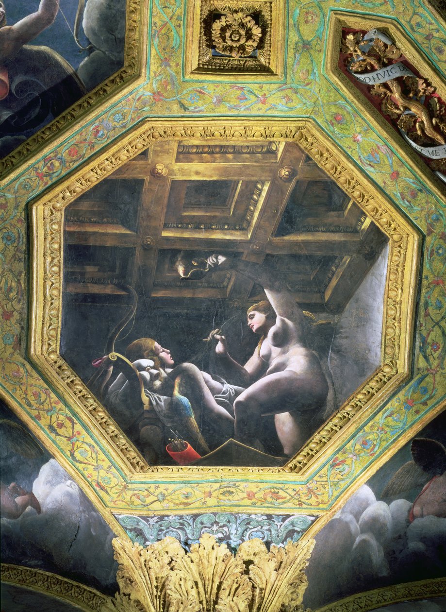 Psyche näkee Cupidon hänen nukkuessaan, kattokessoni Sala di Amore e Psichesta, 1528 (öljy stukkolle) tekijältä Giulio Romano