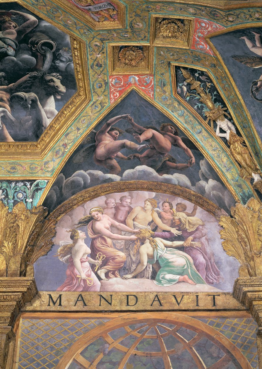 Psyche, joka käy läpi yhtä hänelle asettamista koettelemuksista, jonka Venus, lunette Sala di Amore e Psichestä, 1528 (öljy stukkolle) tekijältä Giulio Romano