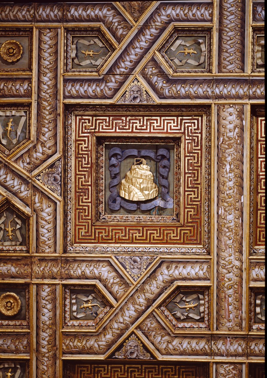Sala dei Cavalli, näkymä katosta, jossa on kaiverrettu Gonzaga-vaikutelma Olympus-vuoresta, liskoja ja koristeellisia ruusukkeita, joita reunustavat trompe l