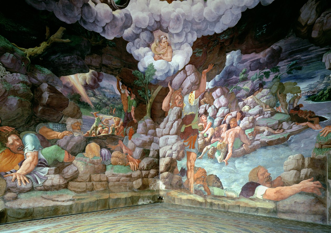 Sala dei Giganti, näkymä kahdelta seinältä, jossa näkyy kapinoivien jättiläisten tuhoaminen Jupiterin ukkoseniskuilla, 1536 (yksityiskohdat ks. 78483-86). tekijältä Giulio Romano