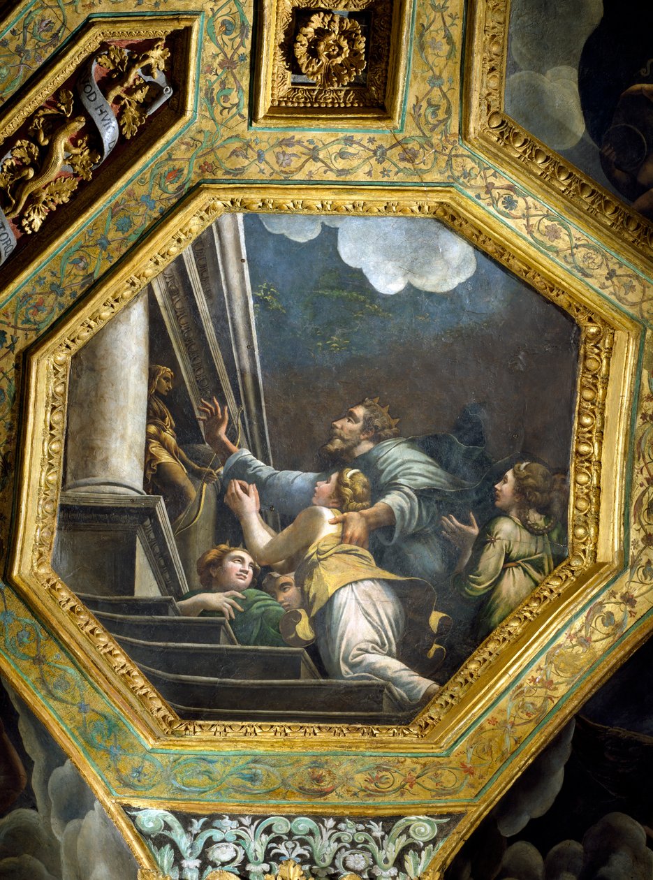 Rukoilevat hahmot suuren palatsin portailla, kattokessoni Sala di Amore e Psichestä, 1528 (öljy stukkolle) tekijältä Giulio Romano