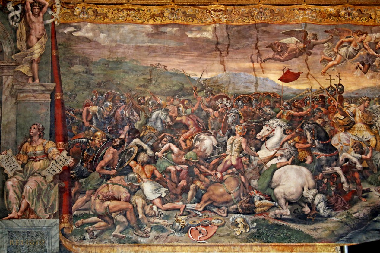 Milvian Bridgen taistelu Konstantinuksen huoneessa, 1517-24 tekijältä Giulio Romano