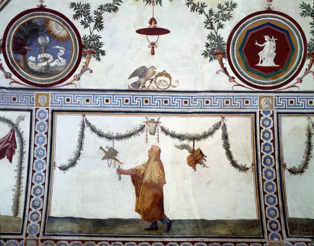 Camera con Fregio di Amorinin kammion Cupid Frieze -yksityiskohta katossa, joka kuvaa pukeutunutta miestä ja Medici-perheen arvomerkkejä, 1520-luvun fresko tekijältä Giulio Romano