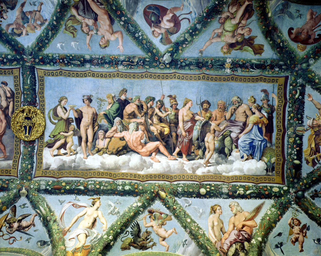 Jumalten neuvosto, kattokoriste "Amorin ja Psychen loggiasta", 1510-17 tekijältä Giulio Romano