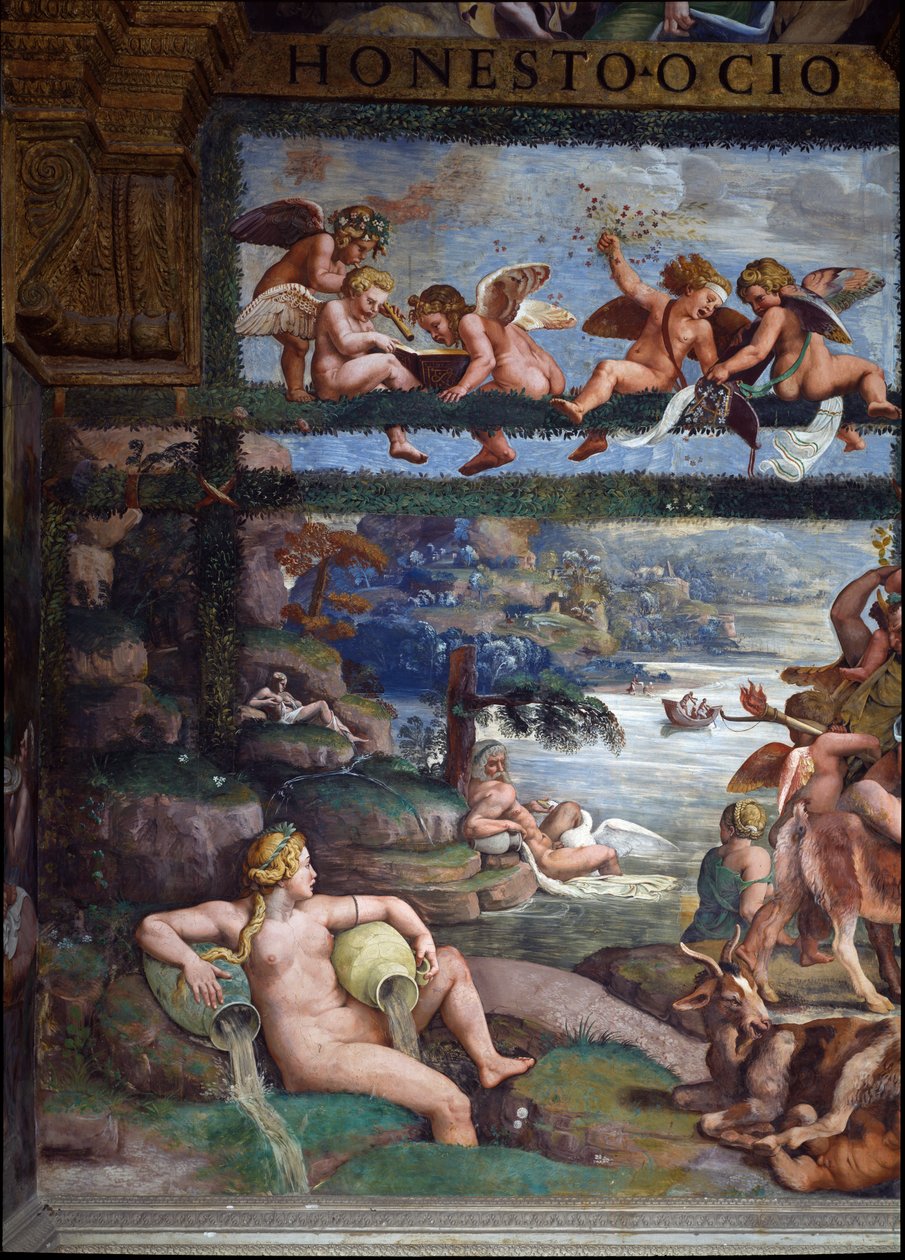 Amorin ja Psychen avioliittoa juhliva maalaismainen juhlatilaisuus, jokien jumalia ja jumalattaria kuvaava yksityiskohta, itäseinä Sala di Amore e Psichestä, 1528 freskon yksityiskohta 78427:stä tekijältä Giulio Romano