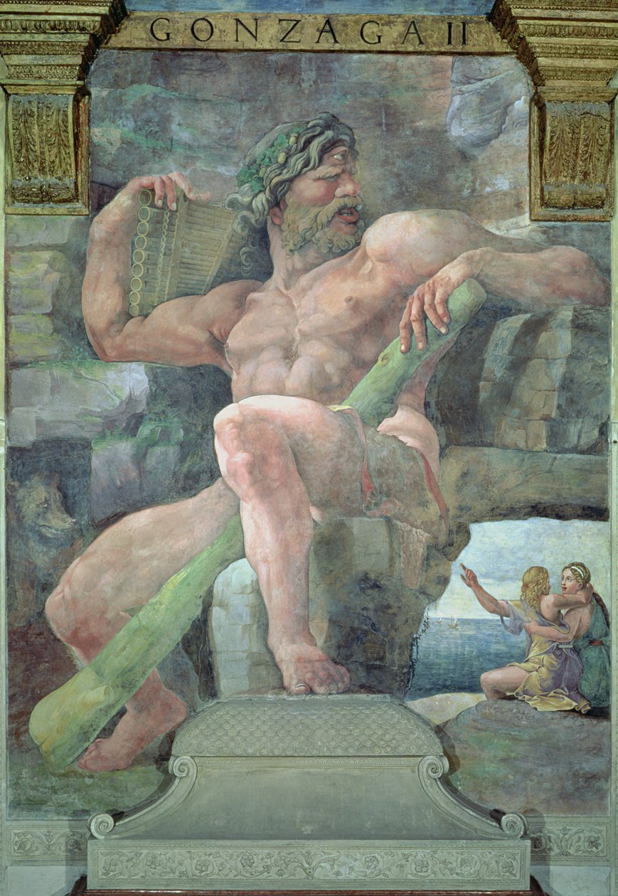 Jättiläinen Polyphemus Galatean kanssa ja paimen Acis, Sala di Amore e Psichestä, 1528 tekijältä Giulio Romano