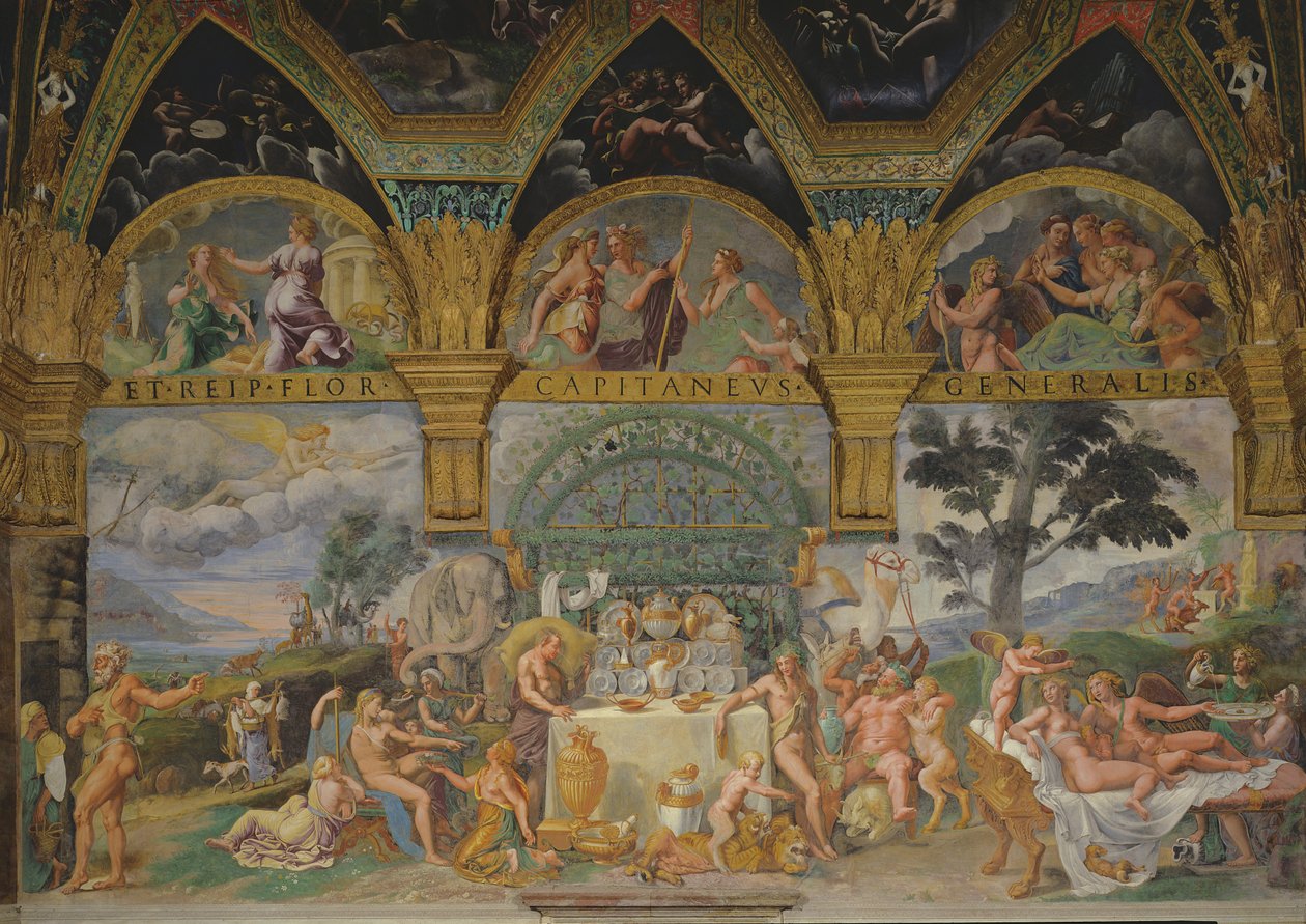 Amorin ja Psyken avioliittoa juhlistava aatelinen juhlaillallinen Sala di Amore e Psiche -salista, 1527-31. tekijältä Giulio Romano
