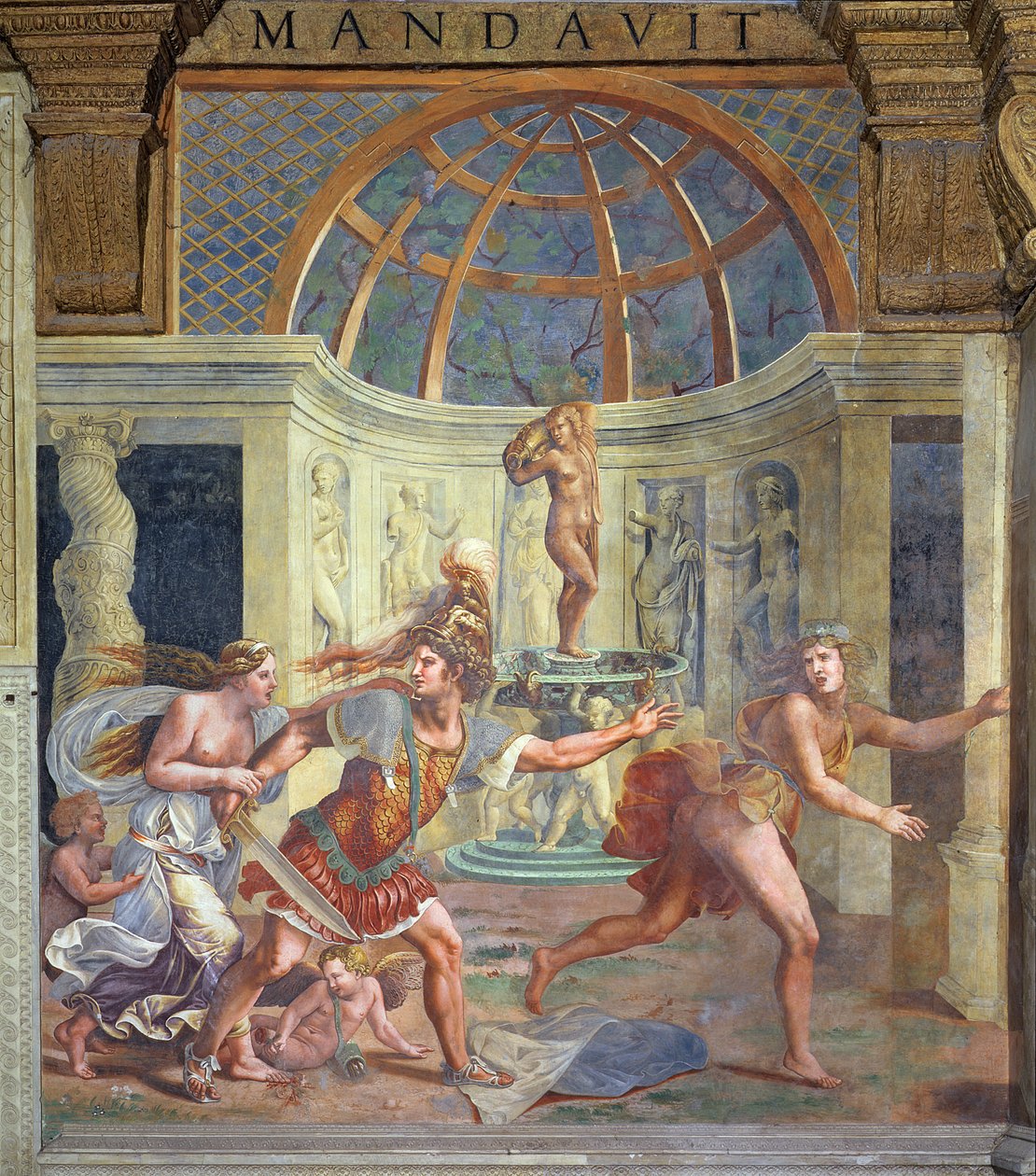 Venus, jonka piikkinen jalka tahraa ruusun terälehdet punaisiksi, ja Mars, joka jahtaa Adonista salaamattomalla miekalla Sala di Amore e Psichestä, 1528 tekijältä Giulio Romano