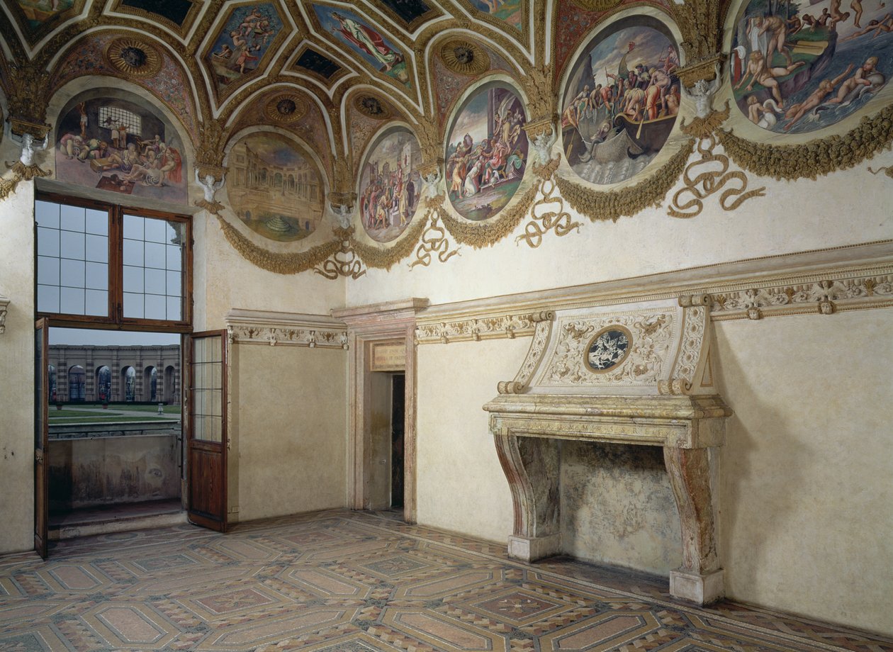 Näkymä Camera dei Ventistä, jossa näkyy stukkotakka ja friisi yläpuolella horoskooppimerkeillä, 1528 tekijältä Giulio Romano