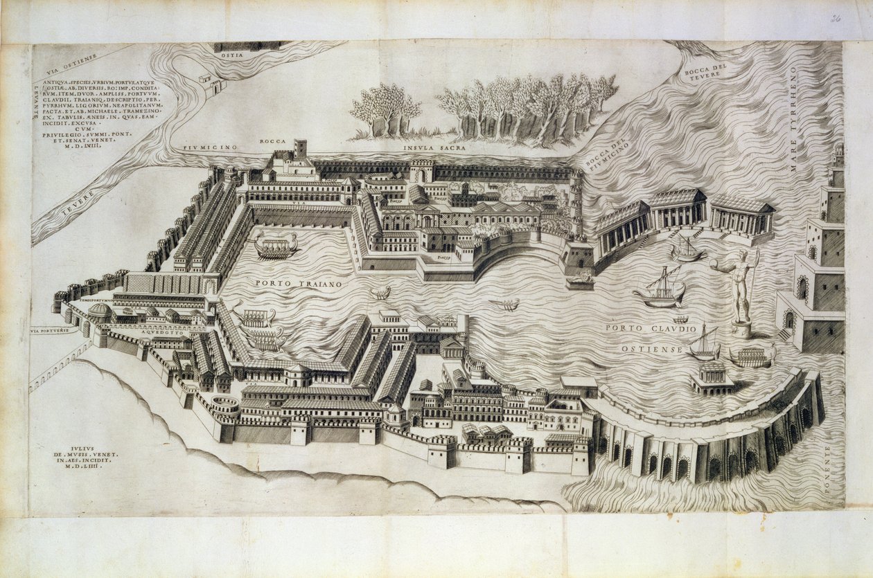 Taiteilijan kaivertama Ostia Antican satamasuunnitelma, 1554 tekijältä Giulio de Musi