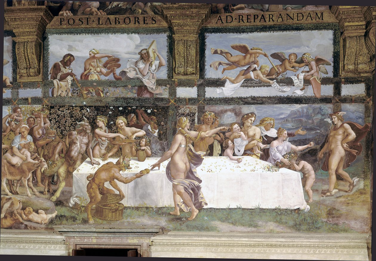 Valmistelut jumalten juhlaan Cupidon ja Psychen häitä varten, yksityiskohta tekijältä Giulio (1483 1520) Romano