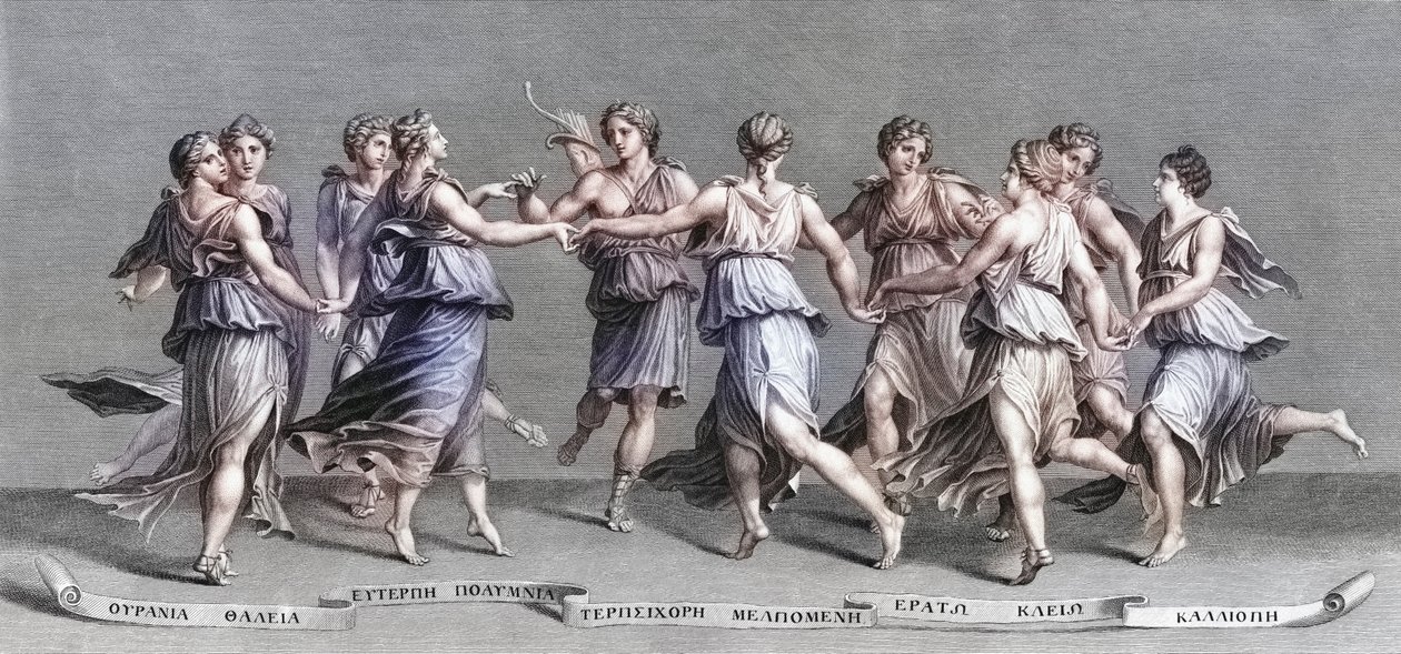 Apollo tanssii yhdeksän olympiamusensa kanssa. (Tulosta) tekijältä Giulio (after) Romano