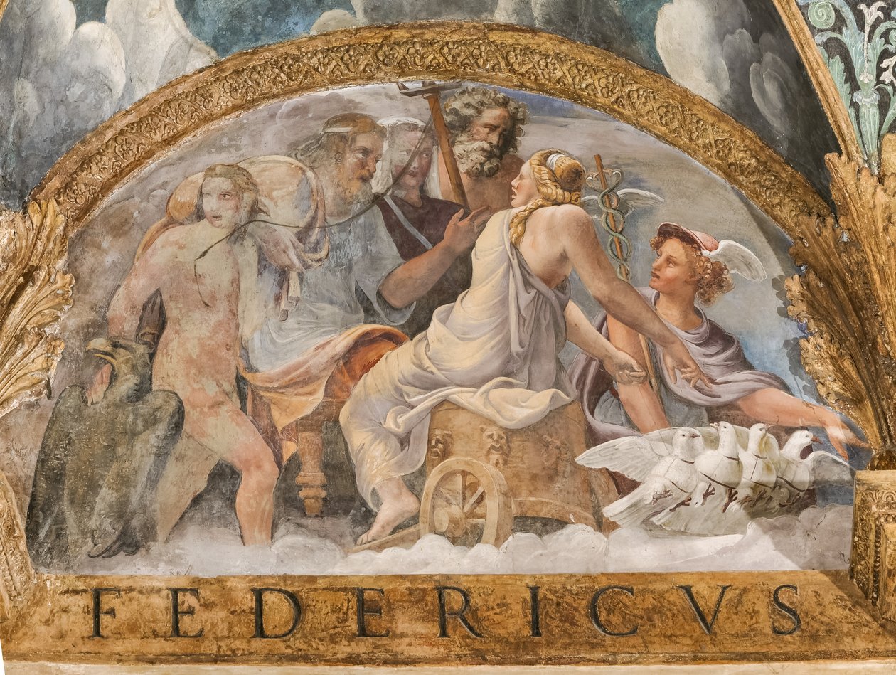 Holvin yksityiskohta: lunette, joka edustaa Venusta, joka saa Merkuriuksen saatavuuden Zeukselta, Chamber of Cupid and Psychelta (Sala di Amore e Psiche) tekijältä Giulio (and workshop) Romano