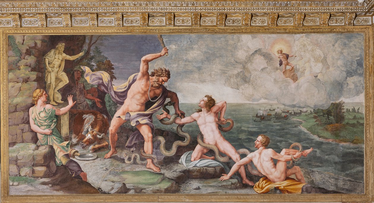 Käärmeet hyökkäävät Laocoonin ja hänen poikiensa kimppuun, Troijan hevonen, Troijan kammio (Sala di Troia) tekijältä Giulio (and workshop) Romano