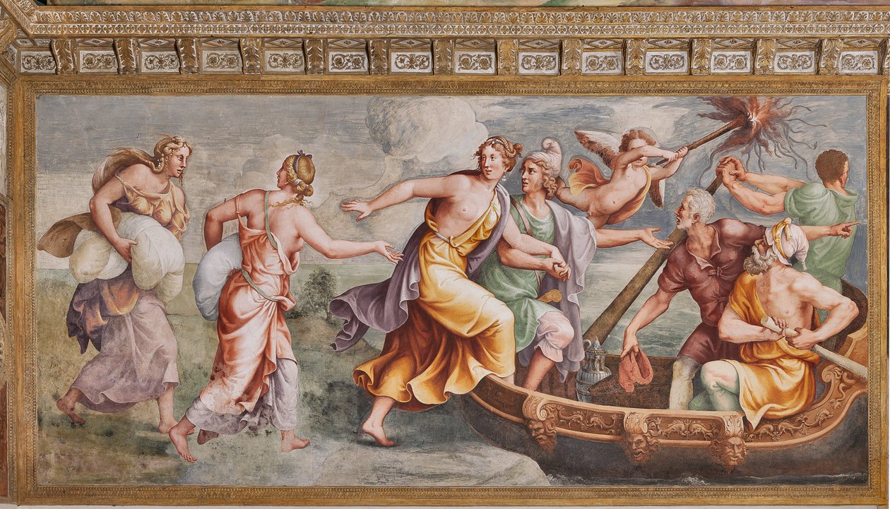 Helenan sieppaus, Troijan hevonen, Troijan kammio (Sala di Troia) tekijältä Giulio (and workshop) Romano