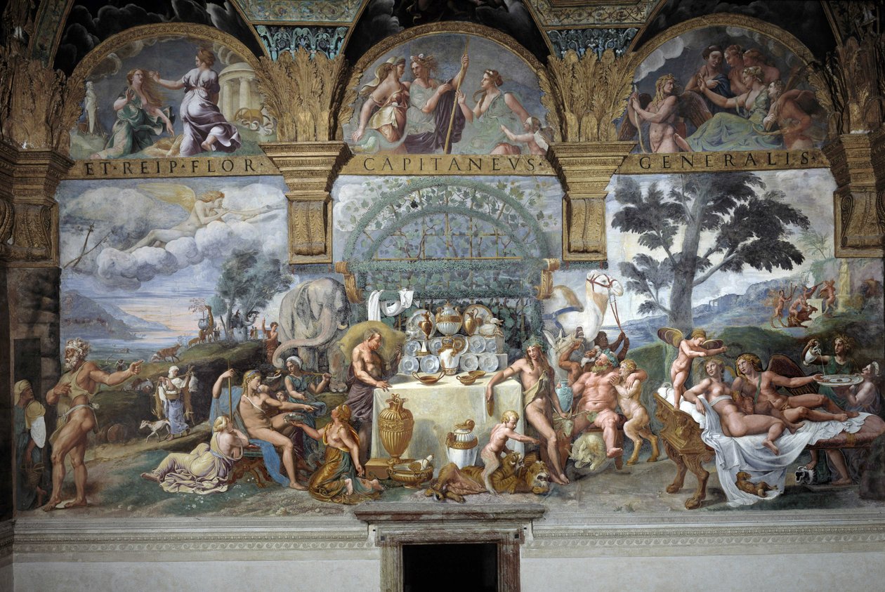 Amorin ja Psychen häitä juhlittava jalo juhla, Amorin ja Psychen huoneen eteläseinä, n. 1527-31 (fresko) tekijältä Giulio (and workshop) Romano