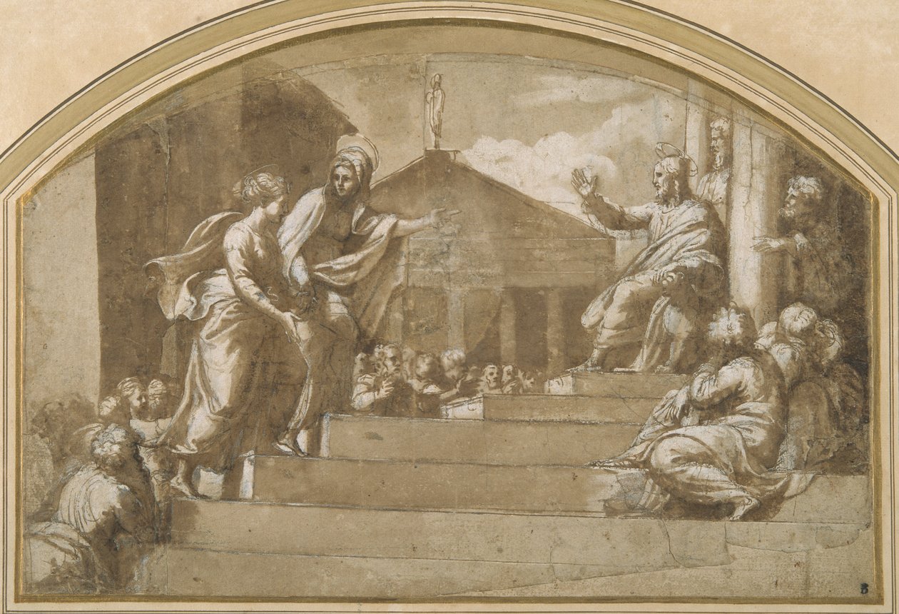Martha tuo Maria Magdalenan Kristuksen luo (kynä ja muste paperille) tekijältä Giulio (attr. to) Romano