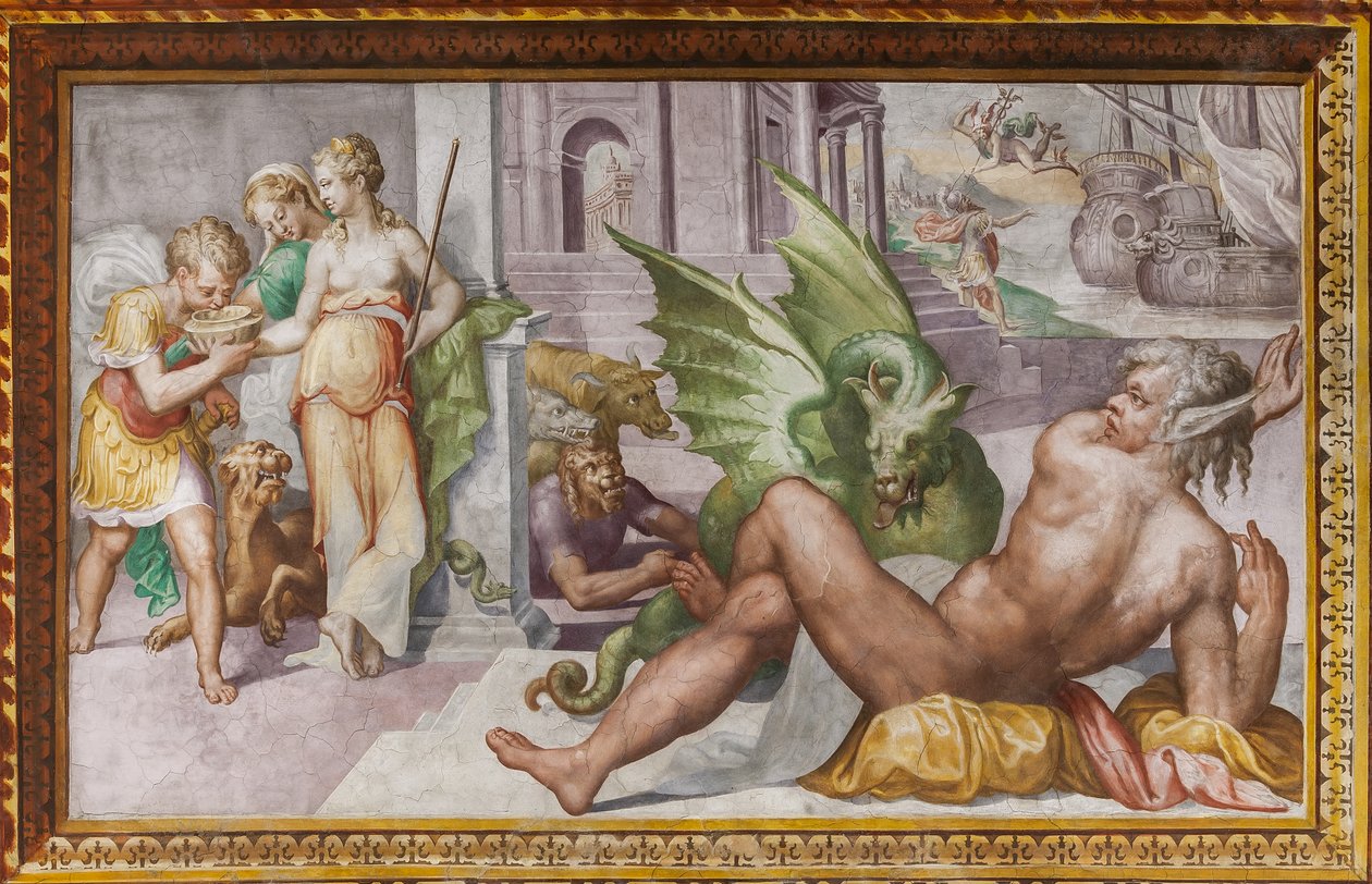 Circe muuttuu hirviöiksi, Ulysseksen kumppaneiksi, Circen salista, Rocca dei Rossista, San Secondosta, Parmasta, Italiasta tekijältä Giulio (school of) (attr.to) Romano