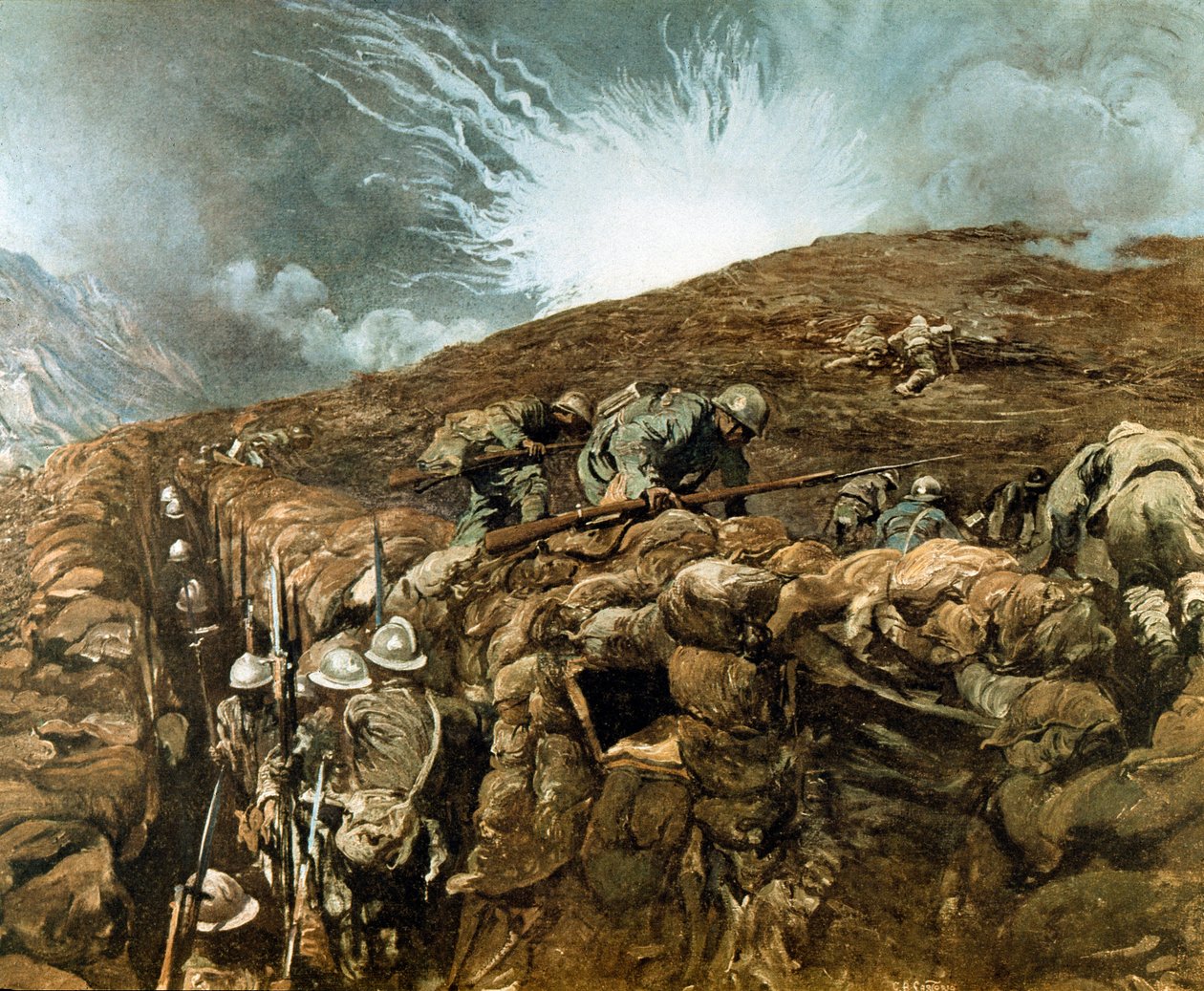 Ensimmäinen maailmansota: juoksuhautoja lähellä Goriziaa, Italian kampanja Isonzo-joen ympärillä, syyskuu 1917 (maalaus) tekijältä Giulio Aristide Sartorio