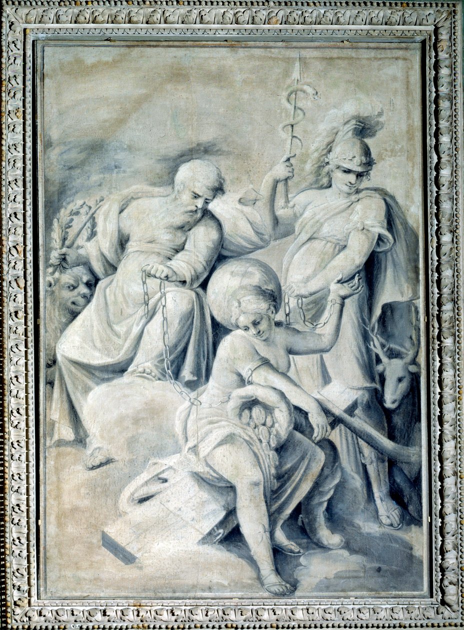 Varovaisuuden ja arvon omistuksen allegoria sitoi onnen (maalaus, n. 1820-1826) tekijältä Giulio Ballino