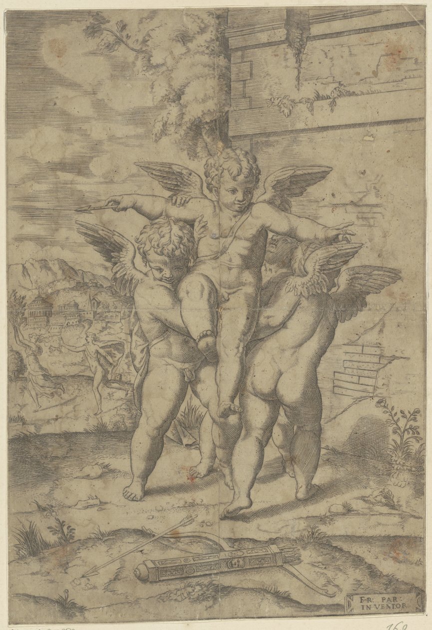 Amor ja kolme puttia tekijältä Giulio Bonasone (attributed to)