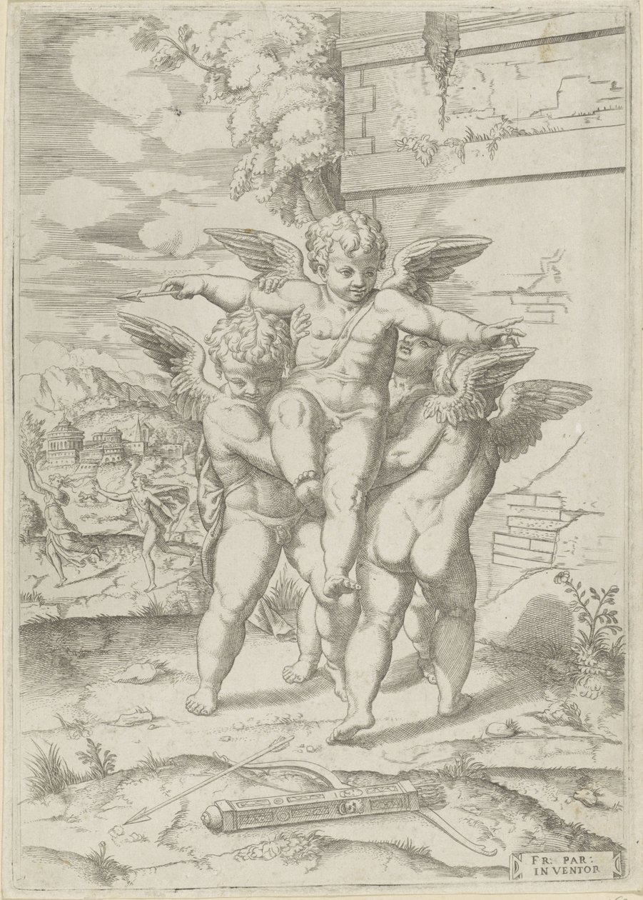 Amor ja kolme puttia tekijältä Giulio Bonasone (attributed to)