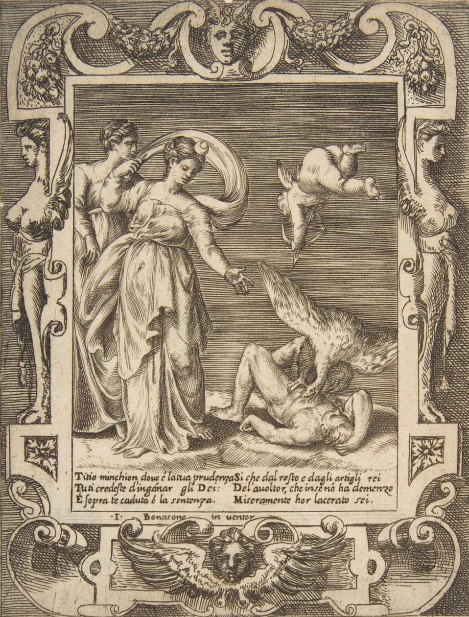 Korppikotka syö Titiuksen sisäosia, Cupido kahden naisen yläpuolella vasemmalla, sijoittuu..., 1531-76. tekijältä Giulio Bonasone